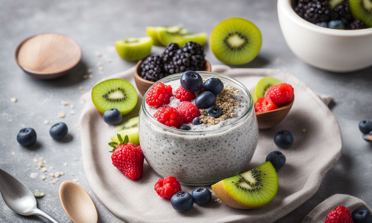 Chia Pudding dengan Beri Segar dan Kiwi